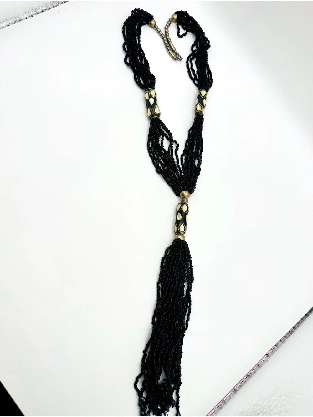 Vintage Ethnic Multi-Strand Black Seed Bead Tassel Necklace- Tribal Inlaid Bone
